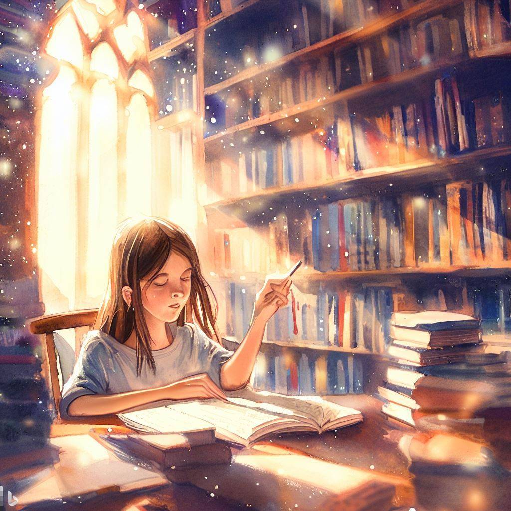 Ein junges Mädchen, 12 Jahre alt, vertieft in ihre Studien, sitzend in einer belebten Bibliothek mit hoch aufragenden Bücherregalen, das Sonnenlicht filtert durch die Buntglasfenster und beleuchtet die in der Luft schwebenden Staubpartikel, das Mädchen trägt eine Brille, ihr Zeigefinger drückt auf eine Seite in ihrem Lehrbuch, als sei sie in Gedanken versunken, umgeben von einer Atmosphäre des Wissens und der intellektuellen Neugier, Illustration, Aquarellmalerei
