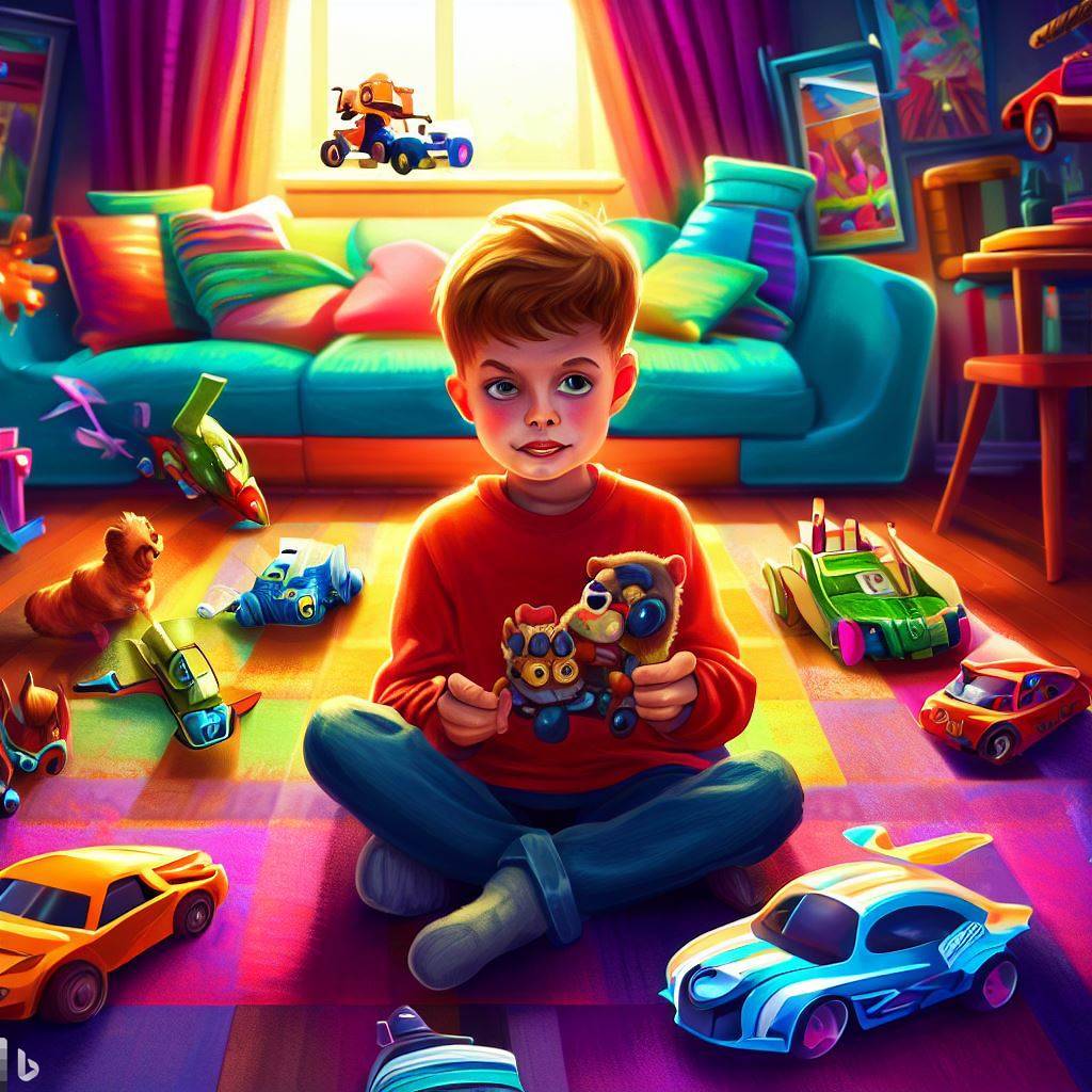 In einem gemütlichen Wohnzimmer spielt ein 6-jähriger Junge mit seiner Sammlung von Spielzeugautos auf einer farbenfrohen Spielmatte, seine Augen sind voller Staunen und Aufregung, während er epische Abenteuer inszeniert, umgeben von seinen Lieblings-Actionfiguren und ausgestopften Tieren, die die spannenden Rennen verfolgen, Illustration, digitale Kunst, die mit kräftigen und lebhaften Farben die Fantasie zum Leben erweckt