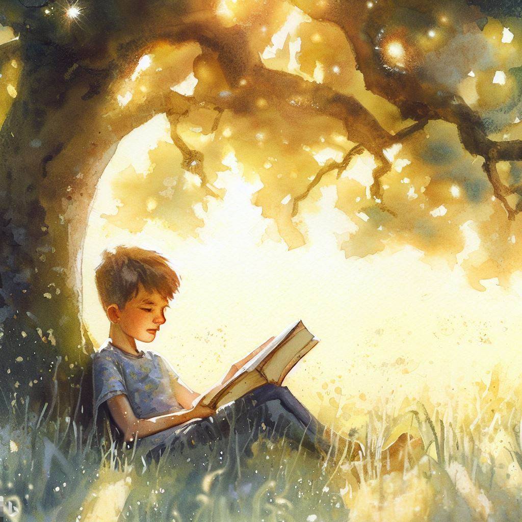 Ein 10-jähriger Junge sitzt unter einer großen Eiche auf einer sonnenbeschienenen Wiese, vertieft in ein Buch mit einem neugierigen Gesichtsausdruck, seine kleinen Finger blättern vorsichtig die Seiten um, das goldene Licht dringt durch die Blätter und erzeugt schillernde Muster auf dem Boden, eine sanfte Brise raschelt im Gras um ihn herum und fängt die friedliche und bezaubernde Atmosphäre ein, Illustration, Aquarell auf strukturiertem Papier