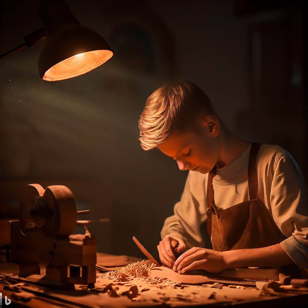 In einer malerischen ländlichen Umgebung beugt sich ein 15-jähriger Junge über eine hölzerne Werkbank und formt geschickt einen Mahagoniblock zu einer zierlichen Figur, wobei er mit seinem Meißel behutsam Holzsplitter entfernt und winzige Holzspäne auf dem Tisch verstreut, der von dem sanften, warmen Licht einer darüber hängenden antiken Lampe beleuchtet wird, Realistische Skulptur, Eichenholz