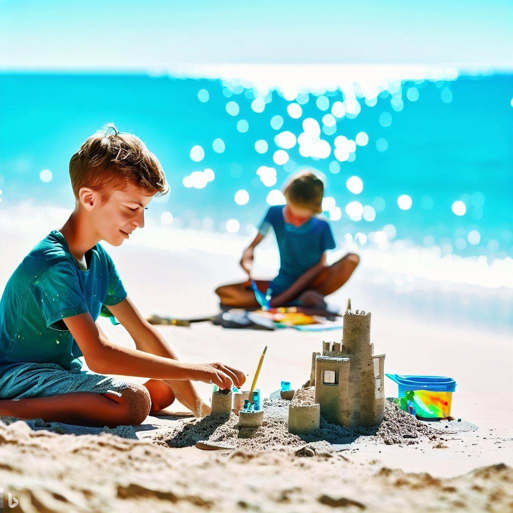 Ein Junge, etwa 10 Jahre alt, baut mit seinen Freunden an einem unberührten Strand eine Sandburg, während sich im Hintergrund der schimmernde Ozean erstreckt und ein Gefühl von unendlichen Möglichkeiten und Abenteuern vermittelt. Er malt mit Wasserfarben, um die leuchtenden Farben der Szene einzufangen.