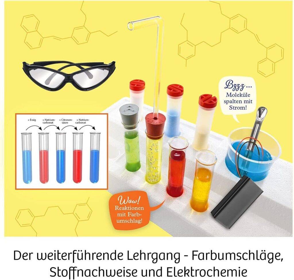 Basis-Laborausstattung mit Schutzbrille und 7 Chemikalien, Chemie für Kinder ab 10 Jahre, Grundlagen-Lehrgang, Experimentierkasten