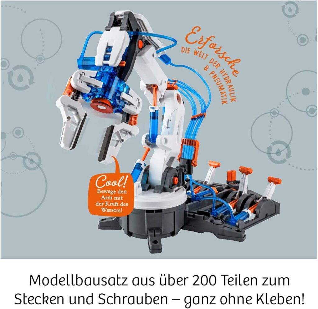 Modellbausatz für deinen hydraulischen Roboterarm, Experimentierkasten zu Hydraulik und Pneumatik, mit Greifarm und Saugnapf, ab 10 - 14 Jahre