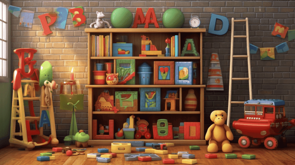 Bild eines Kinderzimmers mit fünf Spielzeugen, die auf einem Regal stehen und jeweils mit einer Nummer beschriftet sind. Zu den Spielzeugen gehören ein Puzzle, Bauklötze, ein Memory-Spiel, ein Brettspiel und ein Satz magnetischer Buchstaben.