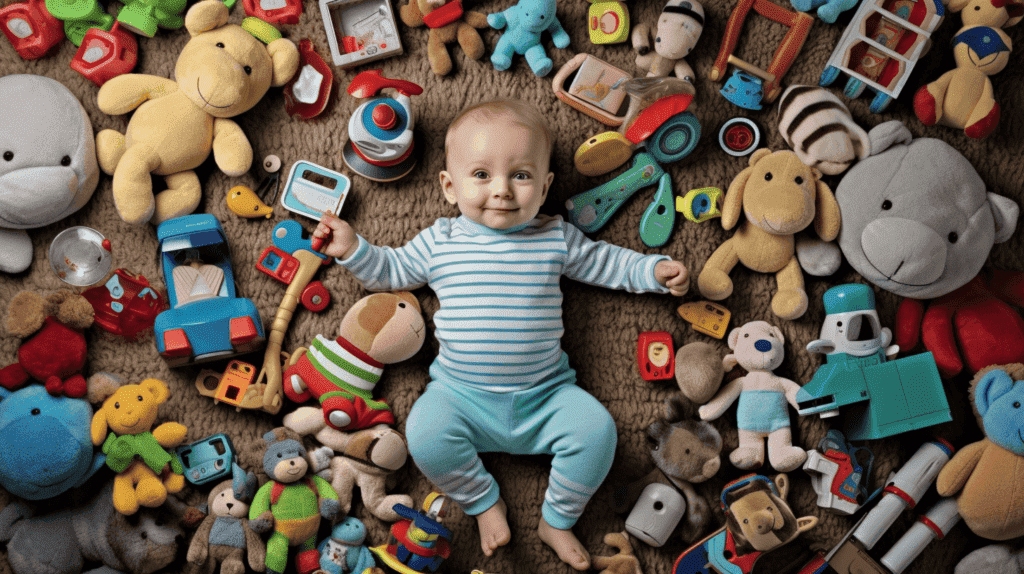 Bild eines Babys, das von verschiedenen Spielzeugen umgeben ist, wobei jedes Spielzeug einen anderen Aspekt der Entwicklung darstellt. Das Baby sollte lächeln und sich mit den Spielsachen beschäftigen.