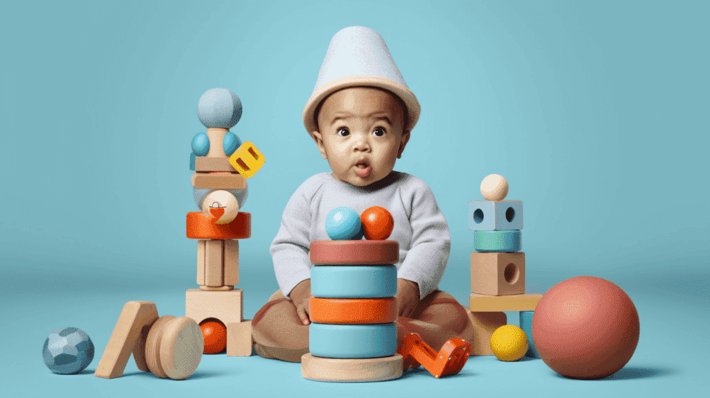 ein Baby, das von fünf Spielzeugen umgeben ist, die seine kognitiven Fähigkeiten fördern, wie z. B. einem Turm aus Holzklötzen, einem Formensortierer, einem Sinnesball, einem Activity Gym und Stapelbechern.