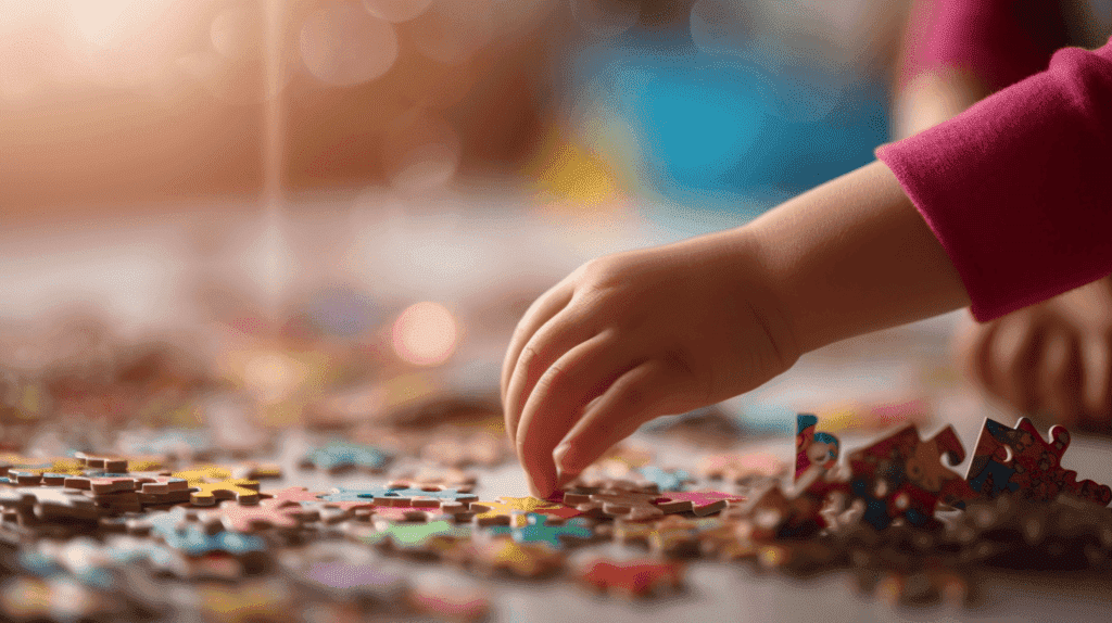 Bild von Kinderhänden, die ein buntes Puzzle halten, mit einem unscharfen Hintergrund aus Büchern und Lehrplakaten, um die Bedeutung von Lernspielzeug für die frühkindliche Entwicklung zu verdeutlichen.
