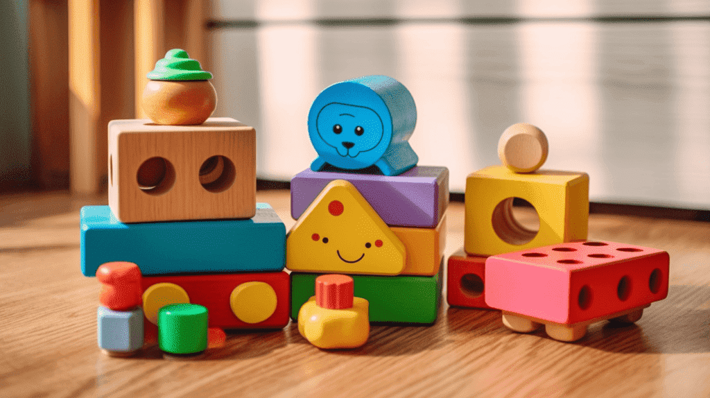 Bild, das die 3 besten Spielzeuge zur Verbesserung der kognitiven Fähigkeiten von 2-4-Jährigen zeigt. Zu den Spielzeugen sollten ein Puzzle, Bauklötze und ein Formensortierer gehören. Verwenden Sie helle Farben und klare Bilder.