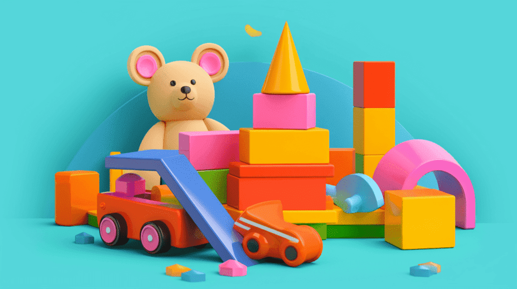  Bild mit drei Spielzeugen für 2-4 Jahre, die die kognitiven Fähigkeiten fördern. Zeigen Sie die Spielzeuge in Aktion mit lebhaften Farben und Details. Text ist nicht erlaubt.