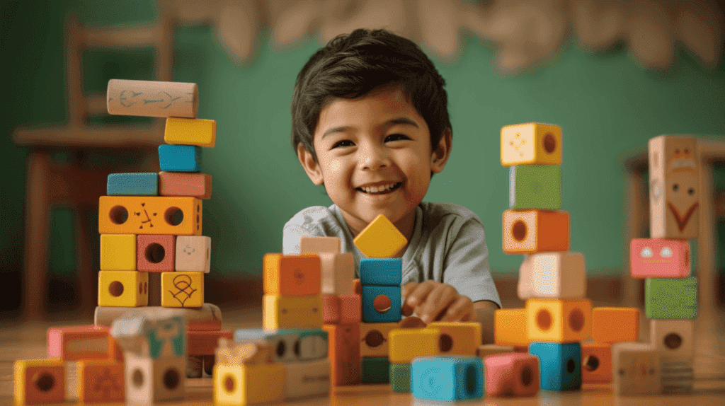 Bild mit den 5 besten Spielzeugen für die kognitive Entwicklung von Kindern zwischen 5 und 7 Jahren. Dazu gehören ein Puzzle, Bauklötze, Gedächtnisspiele, ein Wissenschaftsset und ein Brettspiel.