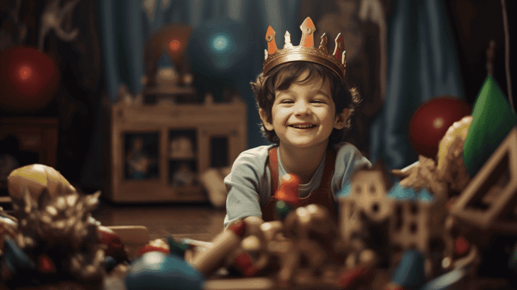Das Bild eines Kindes, das eine handgefertigte Krone in der Hand hält, umgeben von verschiedenen Spielzeugen und Requisiten, mit einem zufriedenen Gesichtsausdruck, der die Freude und Zufriedenheit vermittelt, die aus dem fantasievollen Spiel entstehen.