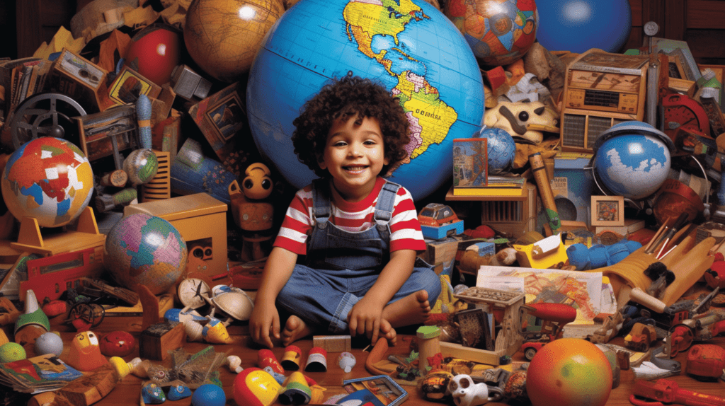 Ein Kind, umgeben von einer Vielzahl von Spielzeugen, mit einem Buch und einem Globus im Hintergrund, was auf die Möglichkeit des Spielens und Lernens hinweist.