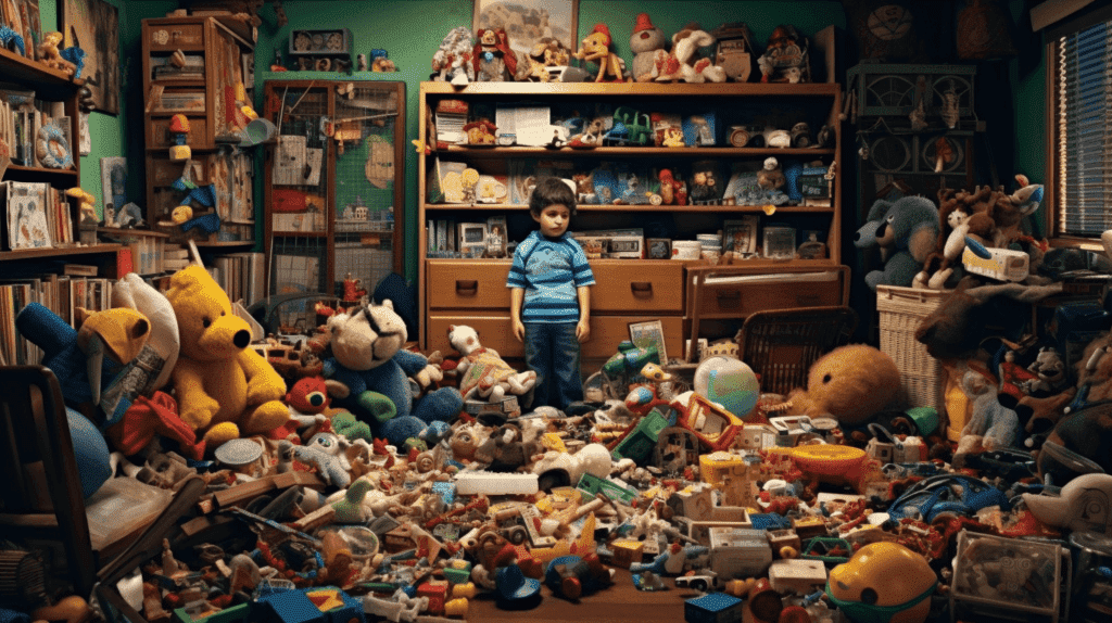 ein Bild, das ein unordentliches Zimmer mit einer überwältigenden Menge an Spielzeug zeigt. Zeigen Sie ein Kind, das inmitten des Chaos gestresst, überwältigt oder frustriert aussieht. Verwenden Sie leuchtende Farben und komplizierte Details, um die Überwältigung durch zu viele Spielsachen zu vermitteln.