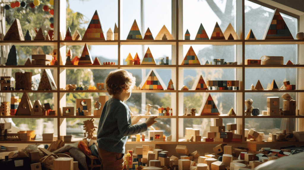 Das Bild zeigt ein Kind, das in ein Montessori-Spielzeug vertieft ist und zielstrebig mit bunten geometrischen Formen hantiert. Es ist umgeben von Regalen mit ordentlich geordneten Lernmaterialien und natürlichem Licht, das durch ein großes Fenster einfällt.