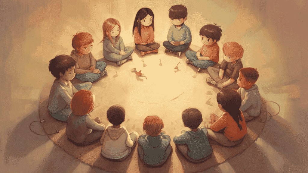 Bild, das eine Gruppe von Kindern zeigt, die in einem Kreis sitzen und ein fesselndes Spiel spielen. Ihre konzentrierten Ausdrücke und das Vorhandensein eines Timers zeigen den Abschluss der Aktivität und unterstreichen den Erfolg bei der Förderung von Aufmerksamkeit und Konzentration.