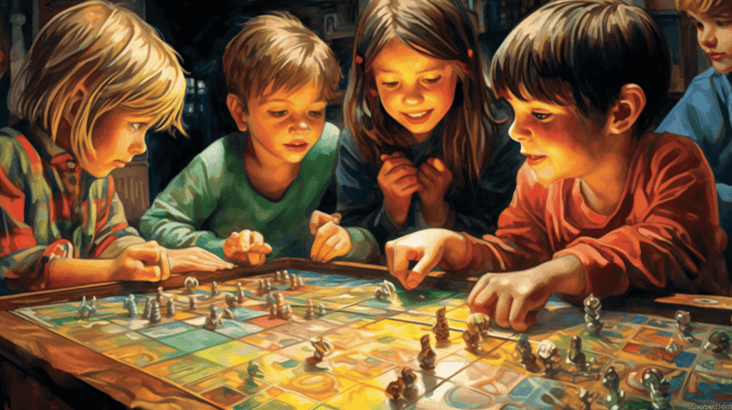 Bild von Kindern, die in ein fesselndes, farbenfroh illustriertes Brettspiel vertieft sind, ihre Augen konzentriert, die Hände strategisch bewegend. Ihre Mimik strahlt Begeisterung und Entschlossenheit aus und bringt die Freude am Spielen zum Ausdruck, das die Aufmerksamkeit und Konzentration fördert. 