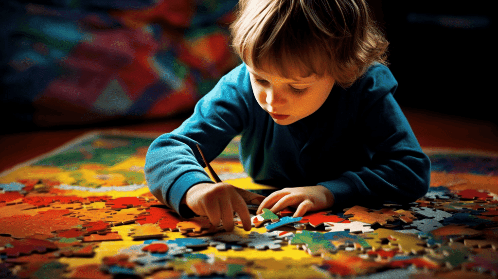 Das Bild zeigt ein Kind, das in ein anregendes Spiel vertieft ist, umgeben von farbenfrohen Puzzleteilen, einem beruhigenden Sinneseimer und einer konzentrierten Gruppe, die sich mit einer kooperativen Aktivität beschäftigt, was alles die Aufmerksamkeit und Konzentration fördert.