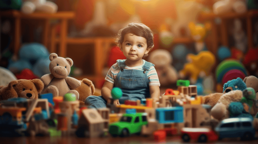Bild eines Kindes, das von einer Vielzahl von Lernspielzeugen umgeben ist, wobei das Kind engagiert und glücklich mit einem der Spielzeuge spielt.
