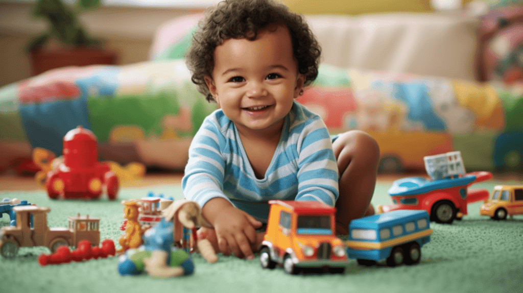 Bild eines Kindes, das mit den 3 besten Spielzeugen zur Verbesserung der kognitiven Fähigkeiten für 2-4 Jahre spielt. Zeigen Sie das Kind lächelnd und beschäftigt, umgeben von den Spielsachen. Verwenden Sie helle Farben und klare Details.