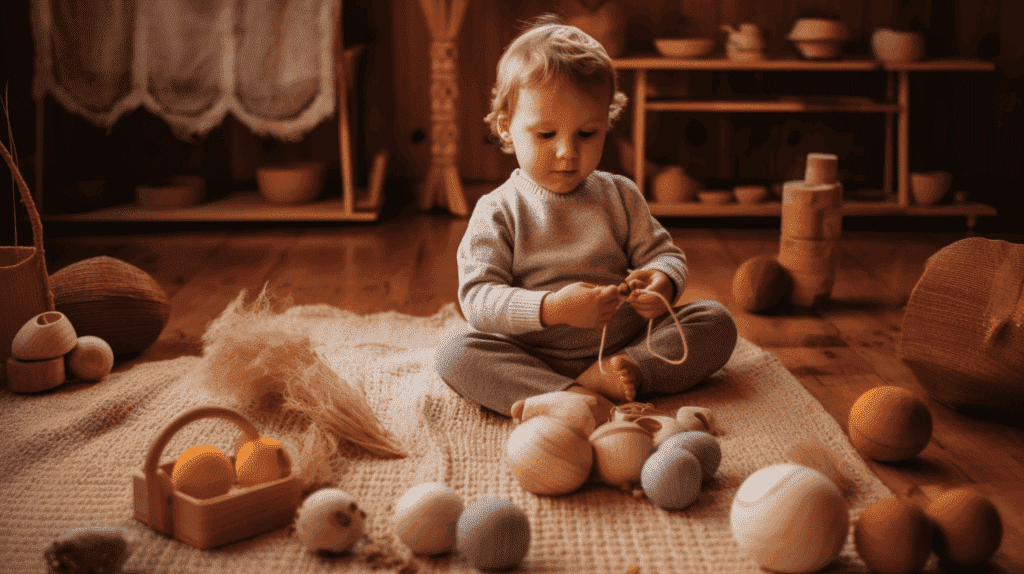 Das Bild zeigt ein Kind, das mit Montessori-Spielzeug spielt, umgeben von natürlichen Materialien wie Holz und Wolle. Das Kind ist engagiert, konzentriert und glücklich.