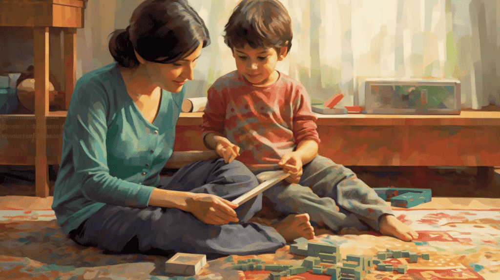 Bild eines Elternteils oder einer Betreuungsperson, die mit einem Kind zusammensitzt und mit Lernspielzeug wie Puzzles, Blöcken und Büchern spielt. Zeigen Sie, wie das Kind aktiv lernt und erforscht, während der Erwachsene es anleitet und ermutigt.