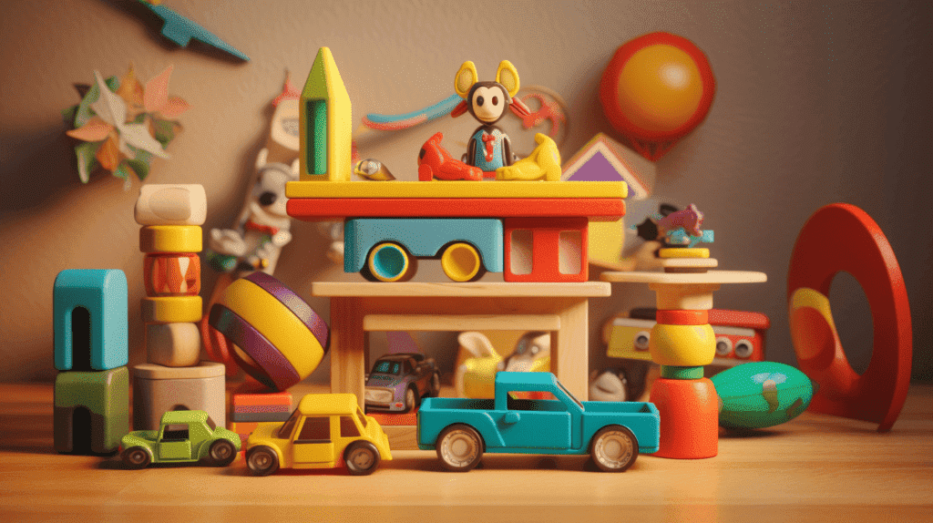  Bild mit den 5 besten Spielzeugen zur Verbesserung der kognitiven Fähigkeiten von Kindern im Alter von 5-7 Jahren. Die Spielzeuge sollten visuell ansprechend angeordnet sein, mit hellen Farben und klaren Details. Es sollte kein Text oder Wörter enthalten sein. 