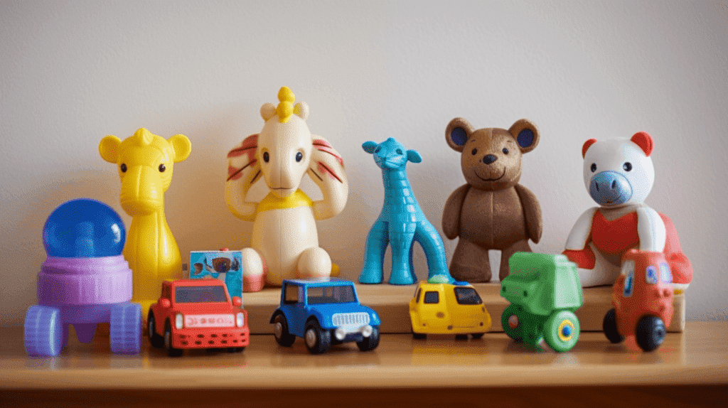 Bild mit drei Spielzeugen für 2-4-jährige Kinder, die die kognitive Entwicklung fördern. Die Spielzeuge sollten optisch ansprechend angeordnet und mit klaren Etiketten oder Symbolen versehen sein, die ihren Zweck angeben. 