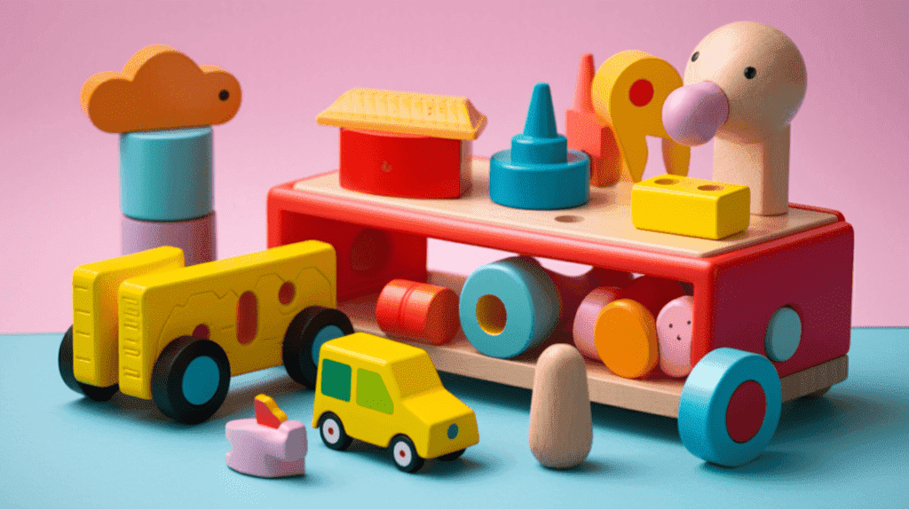Bild, das die 5 besten Spielzeuge zur Verbesserung der kognitiven Fähigkeiten von Kindern im Alter von 5-7 Jahren zeigt. Verwenden Sie kräftige Farben und spezifische Details, um die einzigartigen Vorteile jedes Spielzeugs hervorzuheben.