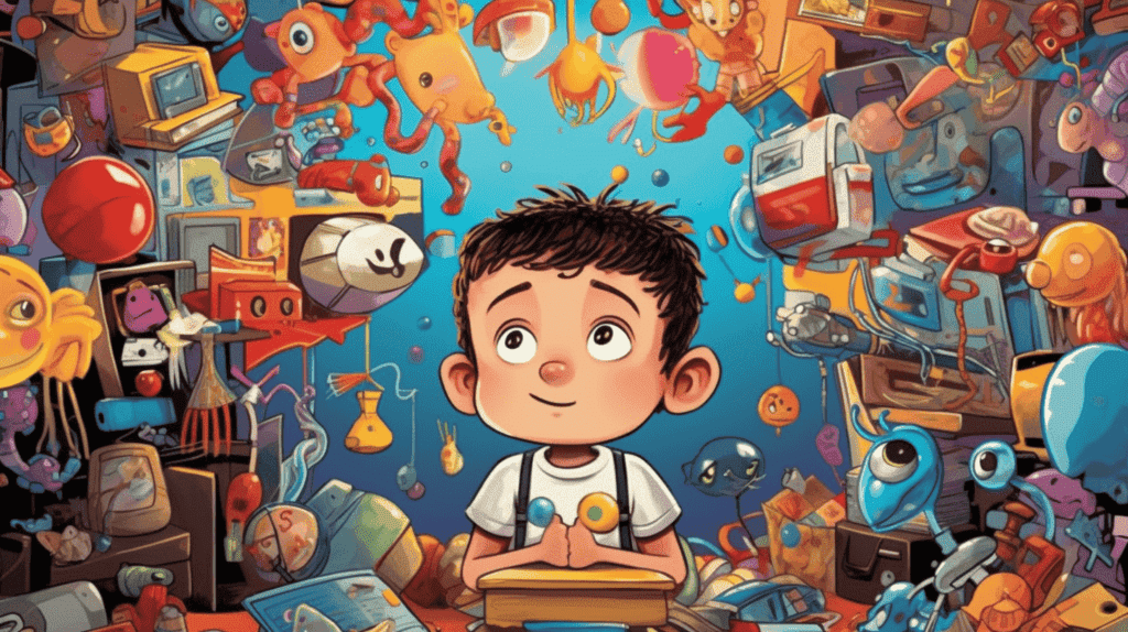 Das Bild eines Kindes, das von verschiedenen Spielzeugen umgeben ist und über seinem Kopf eine Gedankenblase mit bunten, fantasievollen Ideen hat.