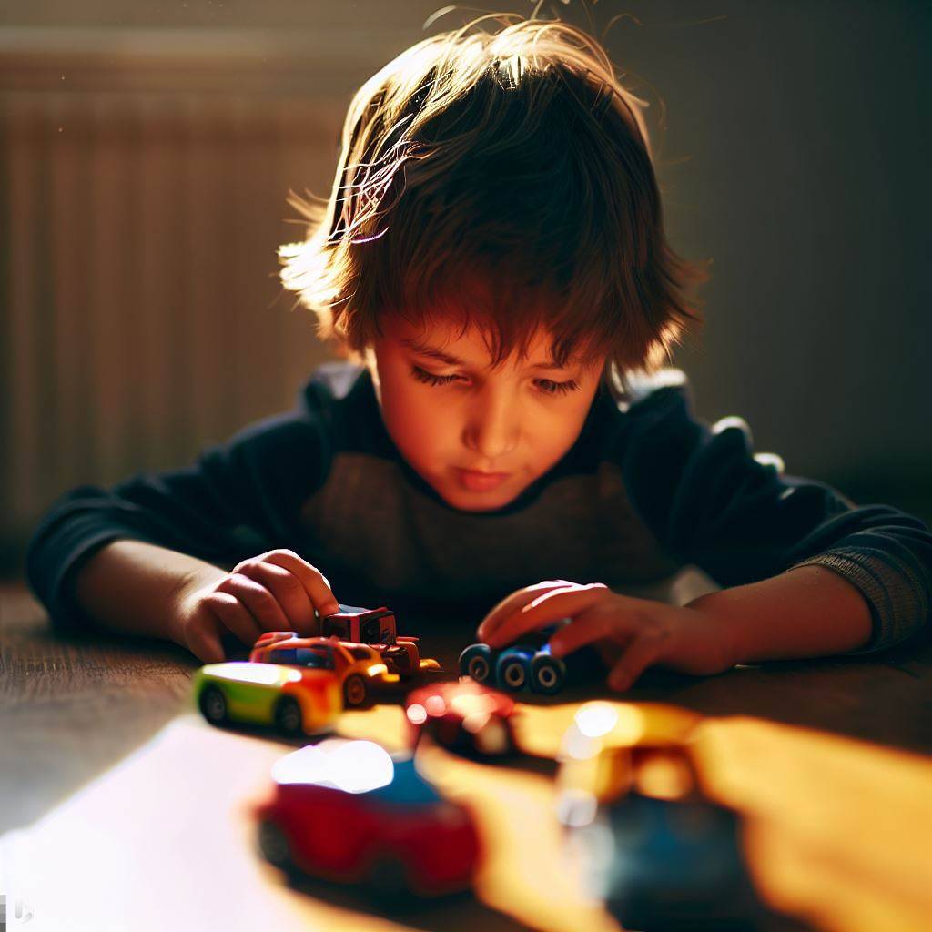 Ein 6-jähriger Junge spielt mit Spielzeugautos auf einem sonnenbeschienenen Holzboden, seine kleinen Hände halten die bunten Fahrzeuge fest, während er sie rasen und kollidieren lässt, der Raum ist erfüllt von seinem Lachen und seiner Fantasie, Fotografie, Nahaufnahme mit einem 50-mm-Objektiv, die die Freude und Unschuld der Kindheit einfängt