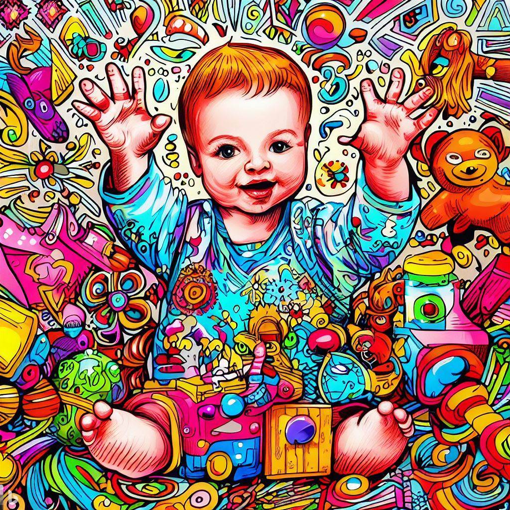 Ein fröhliches Baby, das mit bunten Spielsachen in einem lebhaften Kinderzeichnungsstil spielt. Das Baby ist von einem Regenbogen von Spielsachen umgeben, darunter Stofftiere, Blöcke und ein Spielzeug-Xylophon. Die kleinen Hände des Babys greifen mit Begeisterung nach den Spielsachen, während die großen Augen pure Freude und Neugierde widerspiegeln. Der Hintergrund ist mit skurrilen Kritzeleien und verspielten Mustern gefüllt, die die kindliche Atmosphäre noch verstärken. Das Kunstwerk ist eine lebendige Illustration mit kräftigen Umrissen und leuchtenden Farben, die die Unschuld und Ausgelassenheit der Kindheit einfängt, mit Markern und Buntstiften auf strukturiertem Papier.