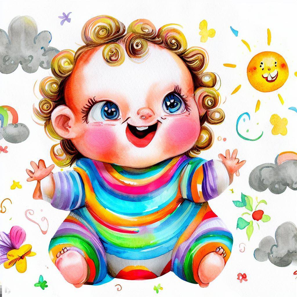 Ein verspieltes Baby, gezeichnet in einem lebhaften und farbenfrohen Kinderzeichnungsstil, mit übertrieben runden Augen, Pausbäckchen und entzückenden Locken, das einen Strampler mit Regenbogenstreifen und Tupfen trägt, umgeben von skurrilen Kritzeleien von lächelnden Sonnen, flauschigen Wolken und blühenden Blumen, eingefangen in einer bezaubernden Illustration, Aquarellmalerei auf strukturiertem Papier