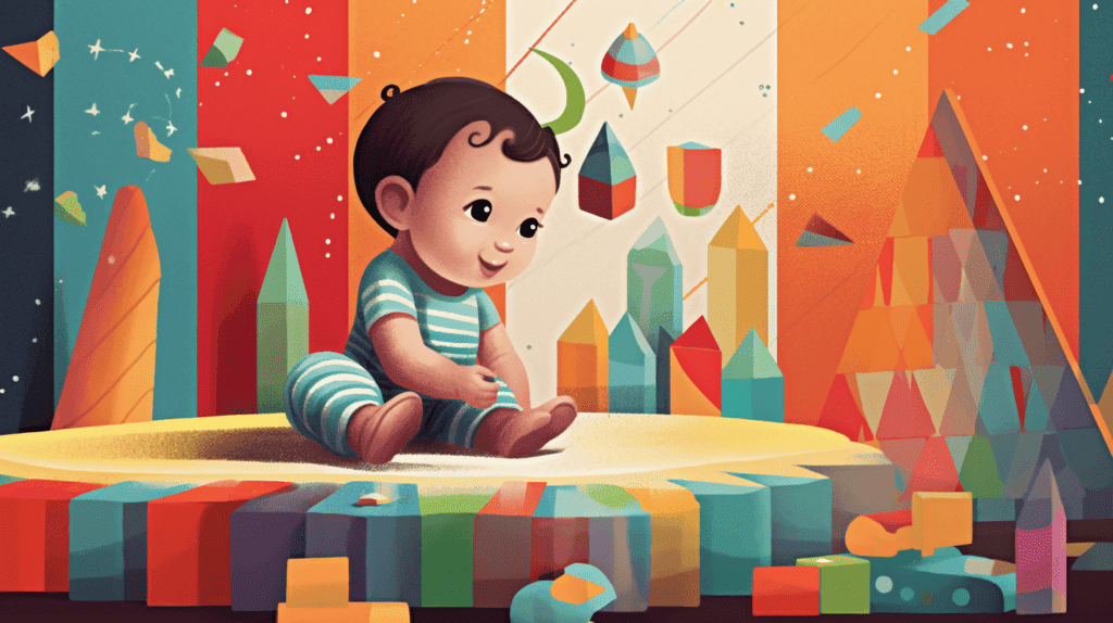 Bild eines Babys, das sich aufrichtet und nach einem Spielzeug auf einer bunten Spielmatte greift, umgeben von Meilensteinmarkierungen wie einem Kalender und einer Wachstumskarte