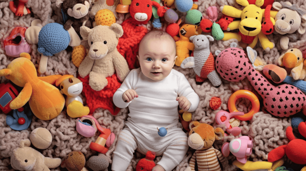 Bild eines Neugeborenen, das auf einer weichen Decke liegt, umgeben von einer Vielzahl bunter Spielzeuge, darunter Rasseln, Plüschtiere und Beißringe, um die Bedeutung der frühen Stimulation durch Spielzeug für die Entwicklung zu vermitteln.
