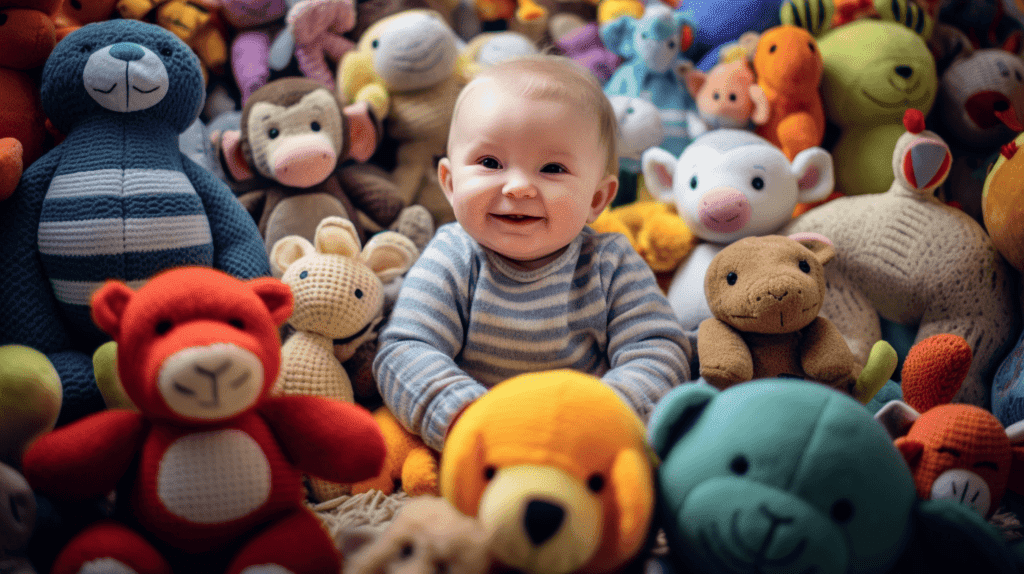 Bild eines Neugeborenen, umgeben von buntem und strukturiertem Spielzeug, mit einem Entwicklungsexperten, der im Hintergrund lächelnd beobachtet. Das Baby sollte die Hand ausstrecken und nach einem Spielzeug greifen.
