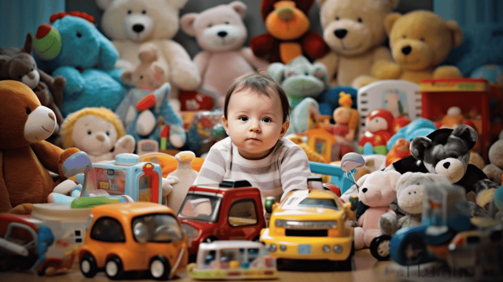 Bild, das ein Baby zeigt, das von altersgerechtem Spielzeug umgeben ist, mit Etiketten, die die empfohlene Altersgruppe für jedes Spielzeug angeben. Das Baby sollte beschäftigt und glücklich sein und sich auf seine Entwicklungsschritte konzentrieren.