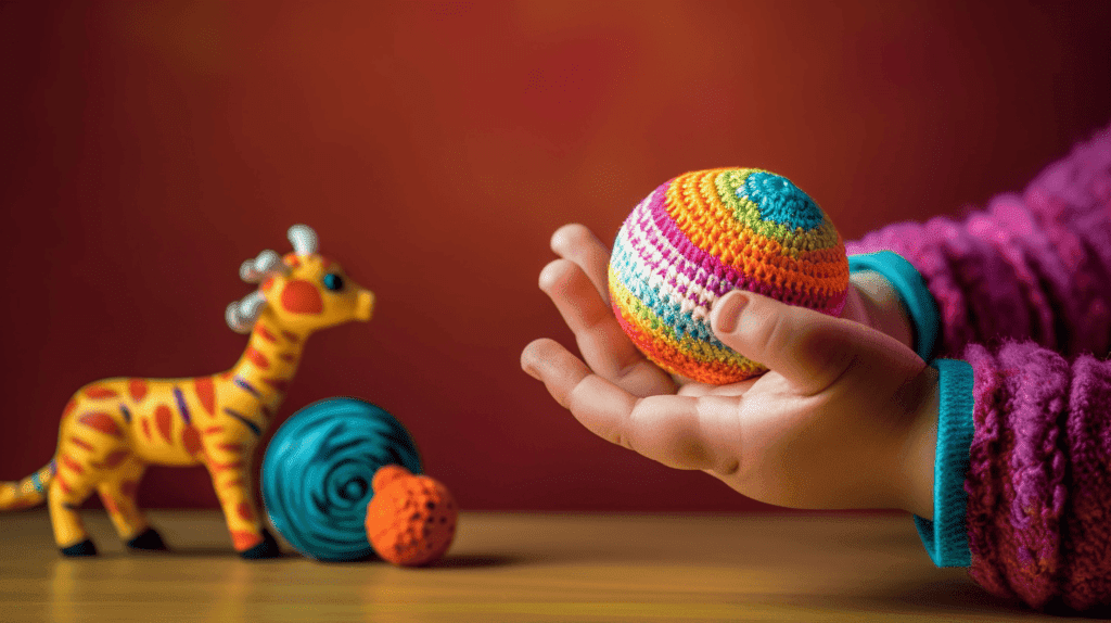 Bild, das ein neugeborenes Baby zeigt, das nach einem bunten, strukturierten Spielzeug greift. Das Spielzeug sollte anregend und sicher für junge Säuglinge sein, und der Gesichtsausdruck des Babys sollte Neugier und Interesse vermitteln.