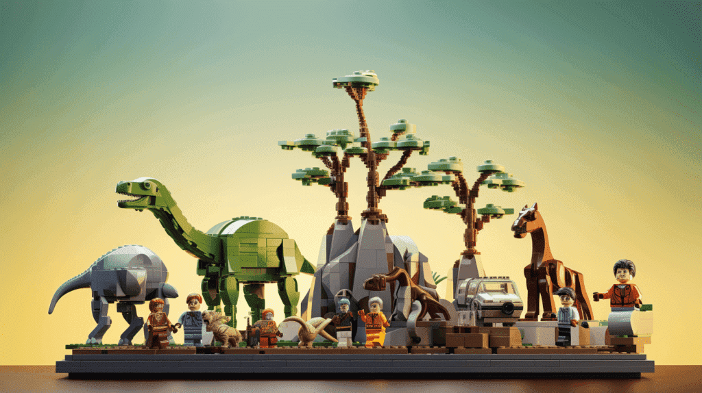 Bild, das die Entwicklung von Lego im Laufe der Zeit darstellt und ikonische Lego-Sets aus jedem Jahrzehnt zeigt. Heben Sie das dauerhafte Vermächtnis der Marke hervor, indem Sie eine moderne Lego-Kreation neben ihr frühestes Gegenstück stellen.