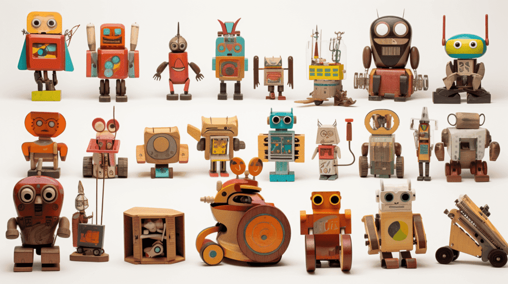 Das Bild zeigt eine lebendige und skurrile Sammlung einzigartiger Spielzeuge, die von kunstvoll gestalteten Holzpuzzles bis hin zu futuristischen Robotergefährten reichen und den Leser einladen, die Welt der außergewöhnlichen und fesselnden Spielzeuge zu erkunden.