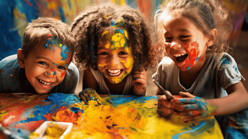 Ein Bild, das die fröhliche Atmosphäre der Kinder beim gemeinsamen Malen mit den Fingern einfängt, ihre Gesichter strahlen vor Glück. Konzentrieren Sie sich auf ihr gemeinsames Lachen, die Teamarbeit und die echten Verbindungen, die dabei entstehen, und heben Sie die sozialen und emotionalen Vorteile dieser kreativen Tätigkeit hervor.