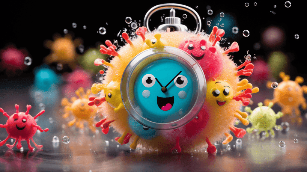 Bild, das ein Kinderspielzeug zeigt, das mit mikroskopisch kleinen Viren bedeckt ist und deren komplizierte Strukturen und leuchtende Farben hervorhebt. Das Spielzeug sollte von einer Stoppuhr umgeben sein, um die Frage zu symbolisieren: Wie lange können diese widerstandsfähigen Viren auf dem Spielzeug überleben?