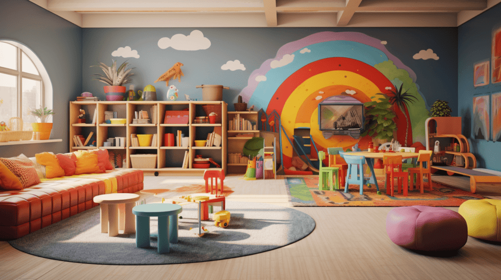 Das Bild zeigt ein farbenfrohes Spielzimmer mit Kindern, die sich mit verschiedenen kreativen Aktivitäten beschäftigen, umgeben von Wänden, die in anregenden Farben gestrichen sind, die die Fantasie anregen und die Kreativität fördern.