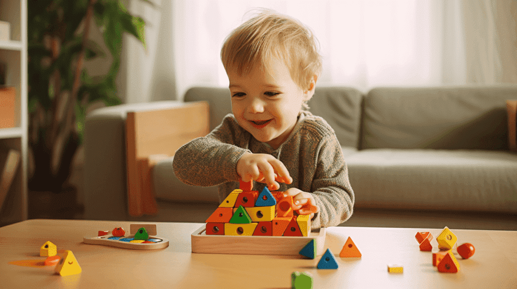 Bild, das ein Kind zeigt, das sich mit einem Montessori-Spielzeug beschäftigt, z. B. mit einem hölzernen Formensortierer, der die kognitive Entwicklung und die Feinmotorik fördert. Zeigen Sie den konzentrierten Ausdruck des Kindes, die präzisen Handbewegungen und die leuchtenden Farben und weichen Strukturen des Spielzeugs.