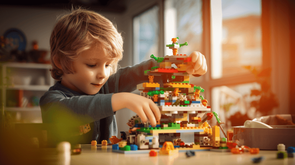 Das Bild zeigt ein Kind, das eine komplexe LEGO Struktur baut, mit einem Hintergrund aus bunten LEGO Steinen und wissenschaftlichen Werkzeugen, die die Verschmelzung von Kreativität und Problemlösungsfähigkeiten im Prozess des spielerischen Lernens illustrieren.