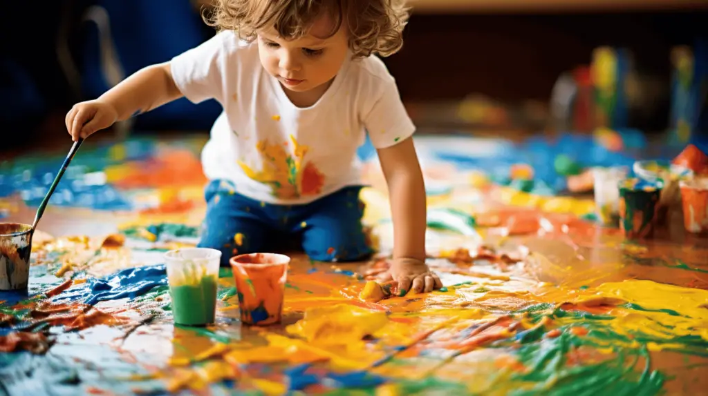 Das Bild fängt das fröhliche Chaos der Kinder beim Malen mit den Fingern ein - ihre kleinen Hände schmieren leuchtende Farben auf das Papier und fördern so Kreativität, Feinmotorik, sensorische Erkundung und Selbstdarstellung.