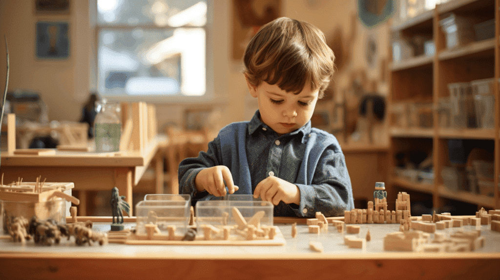 Das Bild zeigt ein Kind, das in einem friedlichen Montessori-Klassenzimmer in unabhängige, praktische Aktivitäten vertieft ist. Fangen Sie den konzentrierten Ausdruck des Kindes, die geordnete Umgebung und die Vielfalt an anregenden Materialien ein, die seine Neugierde und sein Wachstum anregen.