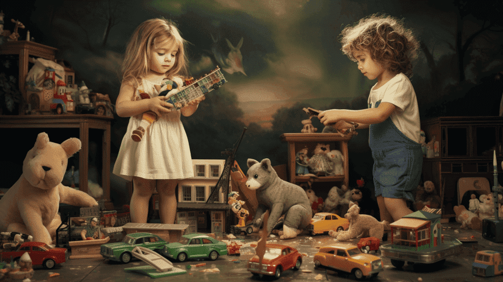 Bild eines Jungen und eines Mädchens, die in einem neutralen, offenen Raum mit einer Vielzahl von Spielzeugen spielen. Zu den Spielzeugen sollten sowohl Puppen als auch Autos gehören, wodurch traditionelle Geschlechterstereotypen in Frage gestellt werden.