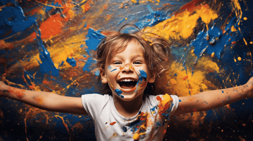 Das Bild fängt den freudigen Moment ein, in dem Kinder beim Malen mit den Fingern ihre Hände mit leuchtenden Farben verschmieren, während sie Texturen erforschen, feinmotorische Fähigkeiten entwickeln und ihre Sinne in einer unstrukturierten und taktilen künstlerischen Erfahrung einsetzen.