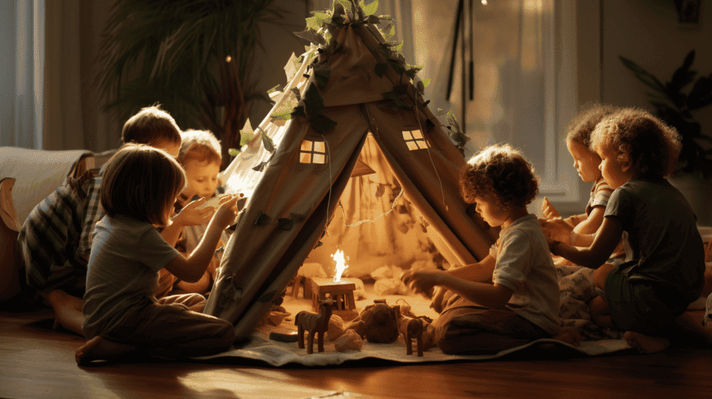 Das Bild zeigt eine Gruppe von Kindern, die sich um eine behelfsmäßige Festung aus Decken und Stühlen versammelt haben und in ein phantasievolles Spiel vertieft sind. Die Spielzeuge werden durch Pappkartons ersetzt, die sich in Burgen, Raumschiffe und verwunschene Wälder verwandeln.