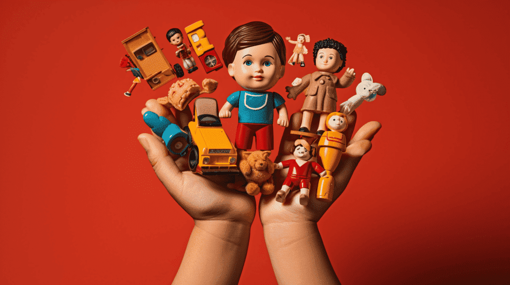 Bild, das die Hände eines Kindes zeigt, das verschiedene Objekte wie eine Puppe, Blöcke und ein Puzzleteil hält und damit das vielfältige Konzept von Spielzeug hervorhebt.